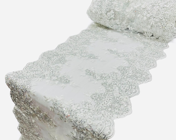 White Silver Metallic Floral Lace Fabric For Runner by the yard, 15" Wide Metallic Corded Lace Embroidery With Sequins on a Mesh Lace Fabric