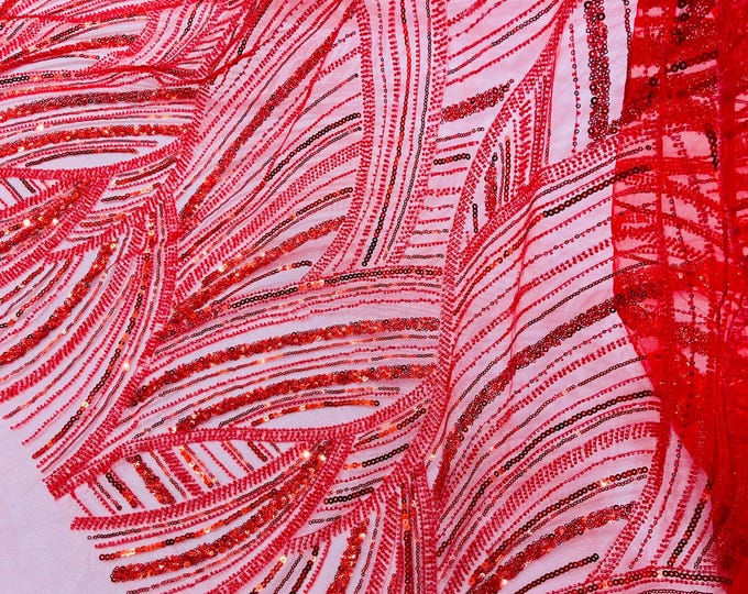 Red Beaded Lace Fabric: Embroidered Mesh, Bridal Wedding Dress - Fashion Beaded