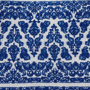 Royal Blue My Lady Damask Desing Hand Beaded  Sequins Fabric, My Lady French Lace Beads/Sequin For Wedding Bridal 52&quot; wide Sold By The Yard