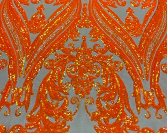 Orange Iridescent Sequins On Nude Mesh - 4 Way Stretch Fancy Big Damask Design Sequins on Spandex Mesh Prom Gala Gown Fabric By The Yard
