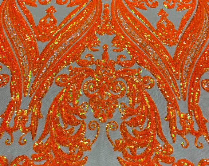 Iridescent Orange on Nude Sequins  - 4 Way Stretch Fancy Big Damask Design Sequins on Spandex Mesh Prom Gala Gown Fabric By The Yard