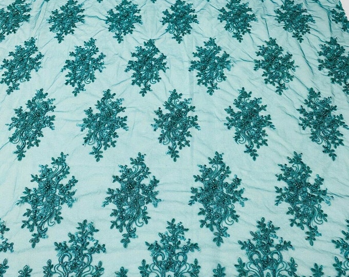 Teal Blue Floral Cluster Bead Fabric - Embroidered Flower Beaded Fabric Wedding Bridal Sold By Yard