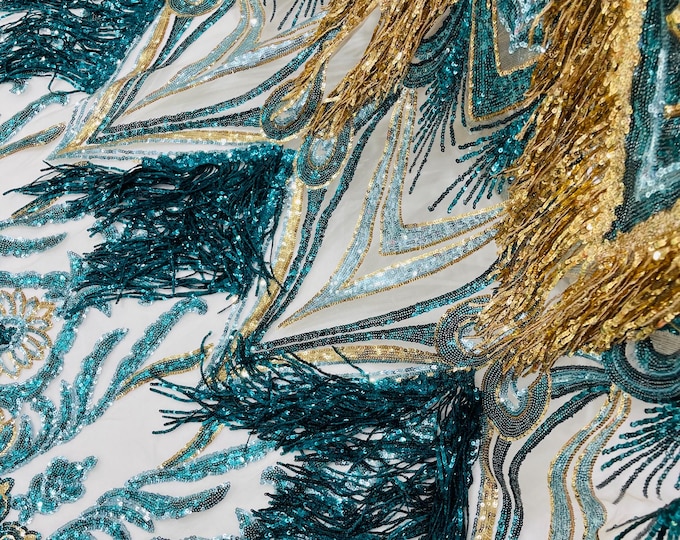 Teal Green Multi Color Gold Fringe Sequins on a Mesh 2 Way Stretch Fancy Design