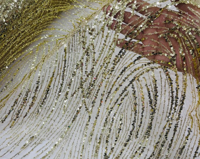 Champagne/Gold Glitter Sequin on Mesh Lace Fabric, Wedding Decor Fabric Bridal/Prom/Sparkle