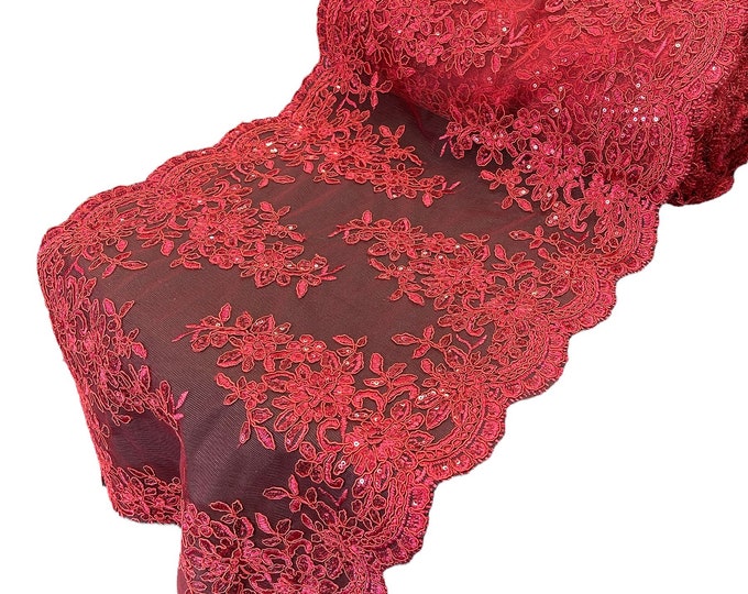 Burgundy Floral Lace Fabric For Runner 14” Inch - by the yard - Embroidery With Sequins on a Mesh Lace Fabric For Wedding