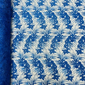 Metallic Royal Blue Corded Floral Lace Fabric, by the yard - Embroidery With Sequins on a Mesh Lace Fabric For Gown, Wedding-Bridal
