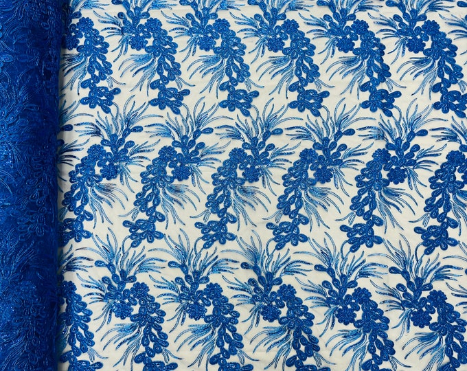 Metallic Royal Blue Corded Floral Lace Fabric, by the yard - Embroidery With Sequins on a Mesh Lace Fabric For Gown, Wedding-Bridal