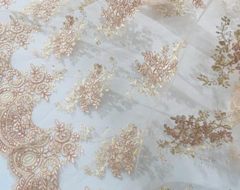Blush Floral Embroidery Lace Fabric: Corded Flower Mesh, Bridal Gown By The Yard