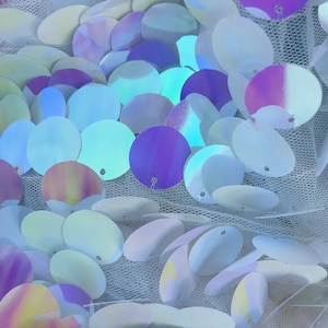 White Pink Iridescent Round Sequin Paillette Iridescent, Tear Drop Mermaid Sequins Fabric Mesh (Pick a Size)