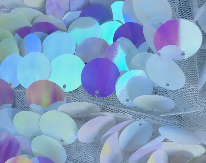White Pink Iridescent Round Sequin Paillette Iridescent, Tear Drop Mermaid Sequins Fabric Mesh (Pick a Size)