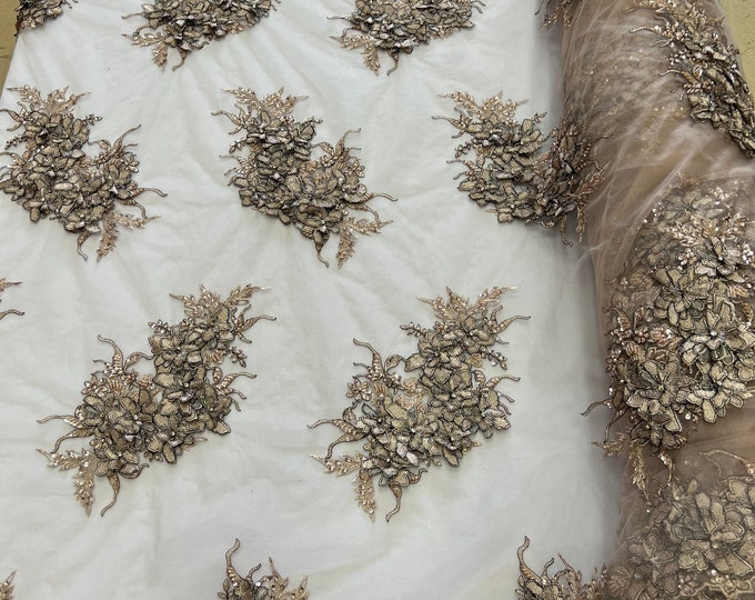 3D Floral Fabric, 3D Flower by the yard - Embroider With black thread Rhinestones and Beaded On a Mesh Lace