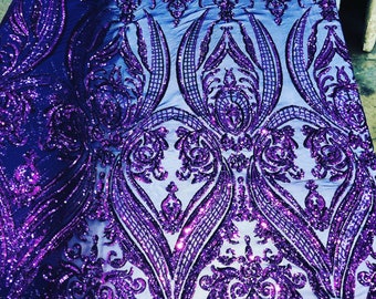 Plum Damask Sequin Fabric: 4-Way Stretch Spandex Mesh, Prom Gown Fabric