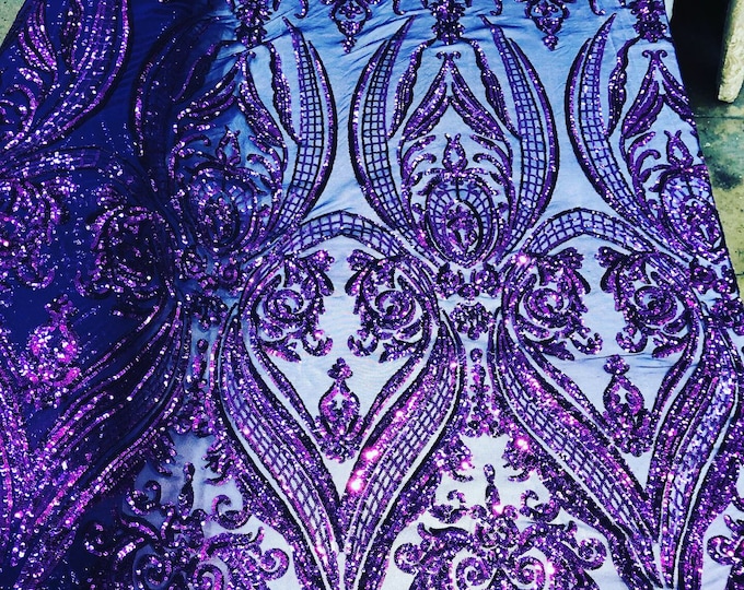 Plum Sequin  - 4 Way Stretch Fancy Big Damask Design Sequins on Spandex Mesh Prom Gala Gown Fabric By The Yard