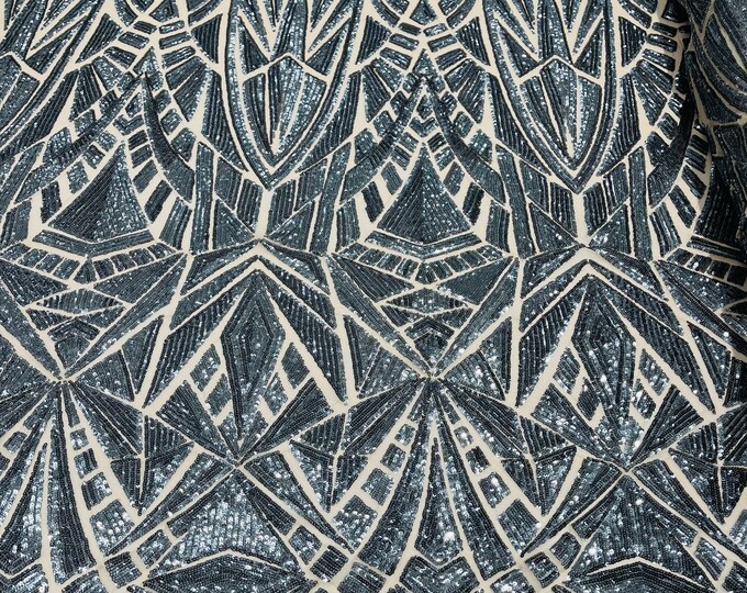 Charcoal Sequins on Nude Mesh, Geometric Design Embroidered on a Mesh 4way Stretch Sequin By Yard
