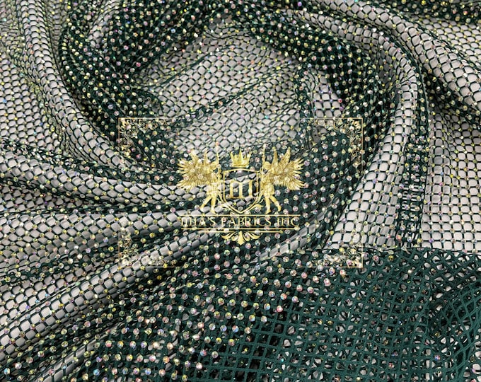 Iridescent Rhinestones Fabric On Hunter Green Stretch Net Fabric, Spandex Fish Net with Crystal Stones sold by the yard