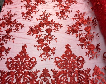 Red Damask Embroidered Lace Fabric, Floral Bridal Wedding Dress Lace, By The Yard