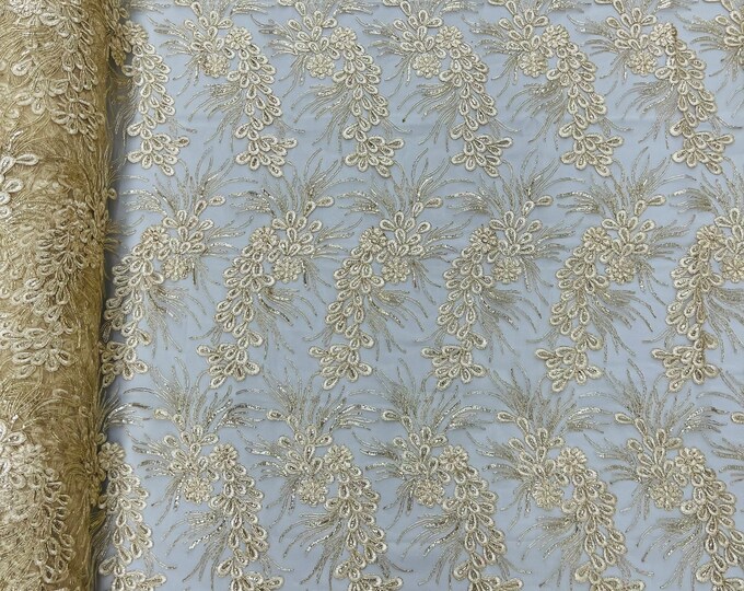 Metallic Beige Corded Floral Lace Fabric, by the yard - Embroidery With Sequins on a Mesh Lace Fabric For Gown, Wedding-Bridal