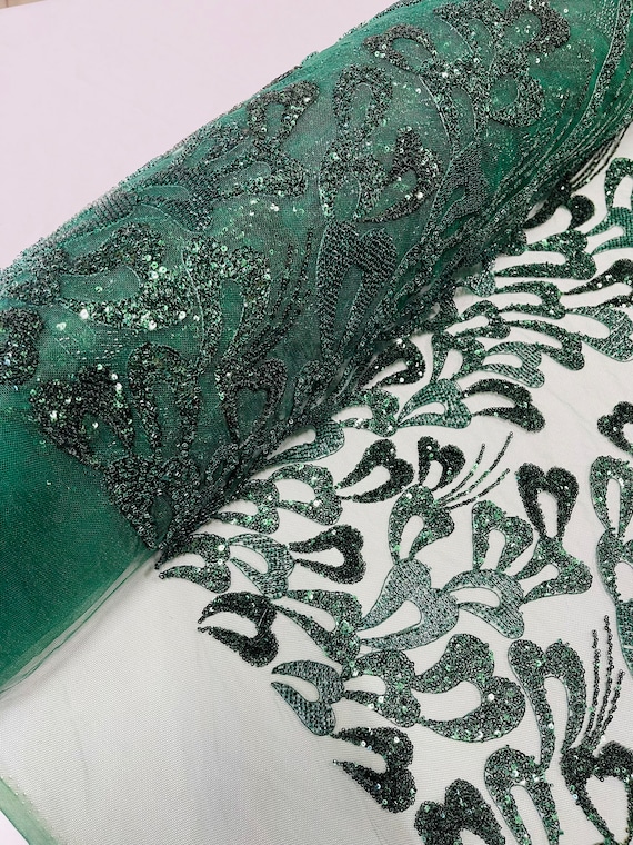 Hunter Green Beaded Lines Leaf Pattern Beaded Fabric Embroidered