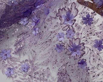 Lilac Glitter Floral Mesh, Glitter 3D Flower Sequin Fabric, Wedding Dresses & Quinseñera
