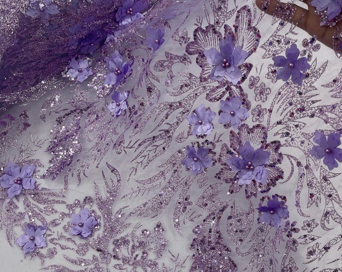 Lilac Glitter Floral Mesh, Glitter 3D Flower Sequin Fabric, Wedding Dresses & Quinseñera