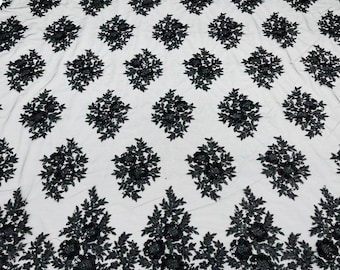 Black Floral Lace Fabric: Embroidered Sequins Mesh, Bridal Wedding Dress