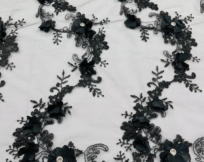Black 3D Floral-Flower Lace Fabric | by the yard | Embroidered With Sequins & Rhinestone 3D Flower| Lace Floral | Bridal Wedding