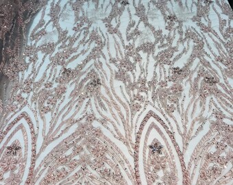 Beaded Fabric - Blush - Embroidered Flower Line Mesh Lace Fabric with Beads Sold By The Yard