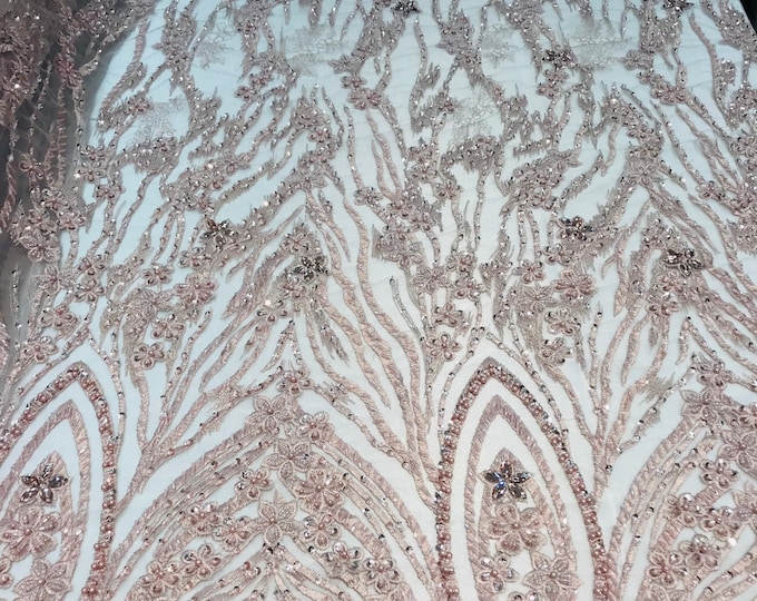 Beaded Fabric - Blush - Embroidered Flower Line Mesh Lace Fabric with Beads Sold By The Yard