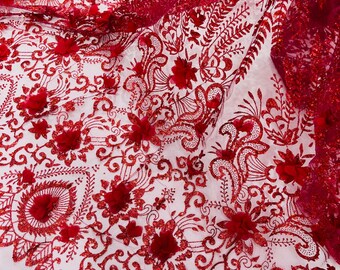 Burgundy 3D Flower Sequin Fabric: Glitter Tulle Lace for Wedding Dress