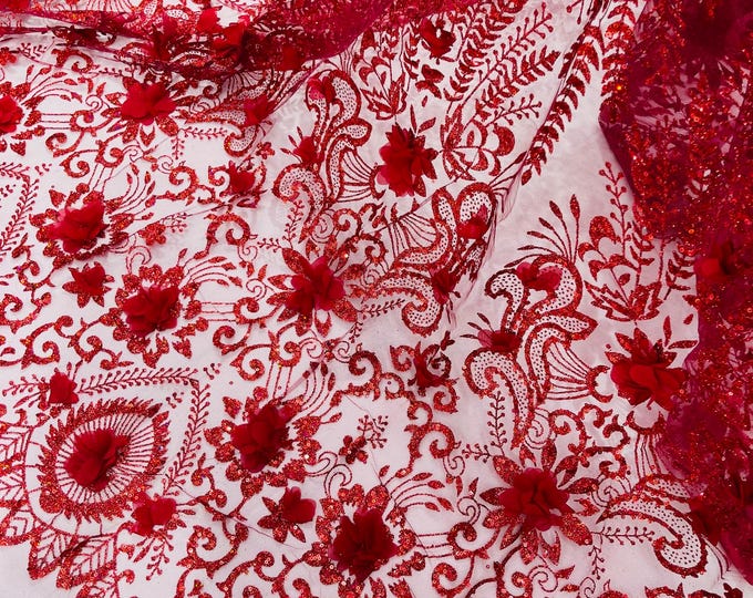 Burgundy 3D Flower Sequin Fabric: Glitter Tulle Lace for Wedding Dress
