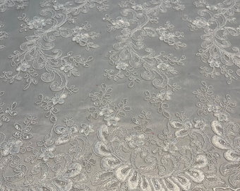 White Lace - Floral Lace Fabric, Embroidery With Sequins on a Mesh Lace Fabric By The Yard For Gown, Wedding-Bridal (Choose The Quantity)