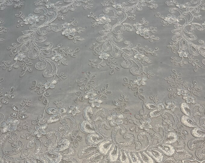 White Lace - Floral Lace Fabric, Embroidery With Sequins on a Mesh Lace Fabric By The Yard For Gown, Wedding-Bridal (Choose The Quantity)