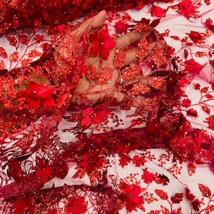 Tela de lentejuelas con purpurina de flores 3D de color burdeos cortada a medida, lentejuelas con purpurina floral 3D en malla para vestido de novia Quinceañera