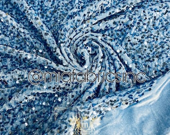 Baby Blue Sequined Stretch Velvet Fabric: 5mm Shining Sequins, 2-Way Stretch (58/60")