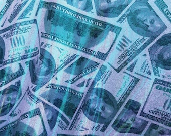 Money Print Fabric: Metallic Green 100 Dollar Bill Stretch Spandex