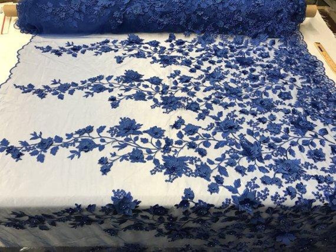 Royal Blue 3D Floral Embroidered Mesh Lace Fabric With Pearls - Etsy