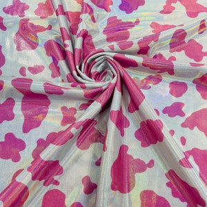 Design de vaca rosa com tecido poli elastano com estampa iridescente, elástico em 4 direções, 60 cm de largura, vendido por quintal (escolha um tamanho)