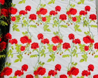 Floral rojo y bordado de hojas en tela de encaje de malla negra, vestido de novia floral de encaje de novia cortado a medida (elija un tamaño)