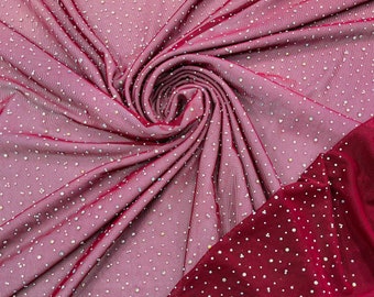 Burgundy | AB Rhinestones Fabric On Burgundy Power Mesh Polyester Spandex Fabric With Crystal Stones | AB Rhinestones Fabric sold by yard