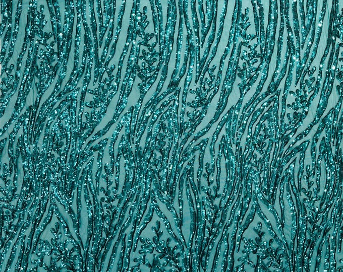 Jade Green Sequin Fabric 4 Way Stretch Fashion Design Sequins on Spandex Mesh Prom Gala Gown Fabric By The Yard