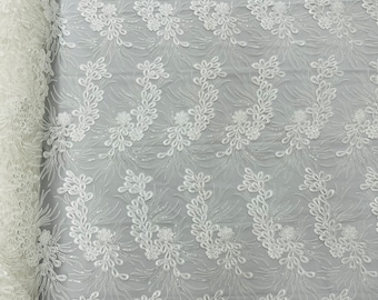 Ivory Floral Lace Fabric with Sequins: Wedding Gown Embroidery, By The Yard