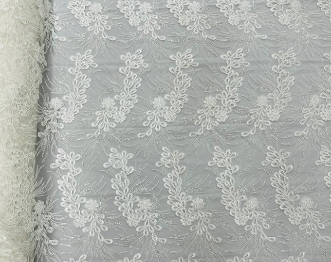 Ivory Corded Floral Lace Fabric, by the yard - Embroidery With Sequins on a Mesh Lace Fabric For Gown, Wedding-Bridal