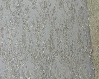 Off White Beaded Fabric: Embroidered Wavy Plant Design, Bridal Wedding Fabric by the yard