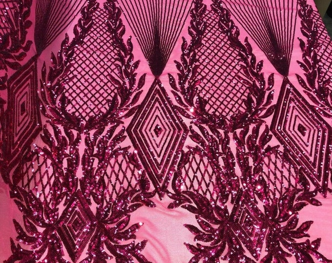 Fuchsia Sequins Fabric - 4 Way Stretch Geometric Diamond Design on Mesh Fabric for Prom Gala Gown By The Yard