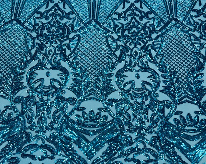 Turquoise Sequins Fabric - Damask Pattern 4-Way Stretch Sequins Ava Design Sequins Fabric for Prom-Gown By The Yard