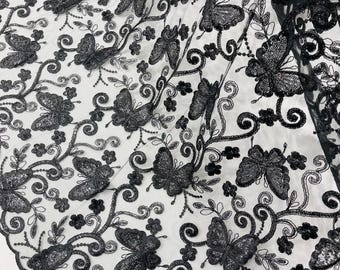 Black Butterfly Embroidered Lace Fabric with Metallic Thread & Sequins by yard