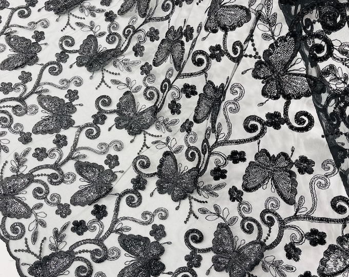 Black Butterfly Embroidered Lace Fabric with Metallic Thread & Sequins by yard
