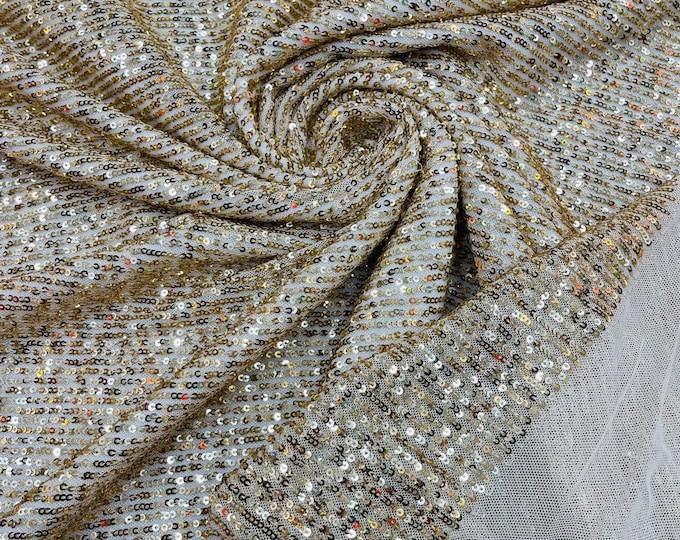 Champagne Mille Striped Stretch Sequins Lace Spandex Mesh-Prom-Gown By The Yard, Formal Wedding Couture Fabric Sequin Fabric