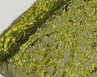 Olive Sequins Fabric | 4 Way Stretch Mesh | Embroidered Damask Design With Sequin Lace Prom-Gown by the yard