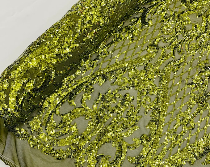 Olive Sequins Fabric | 4 Way Stretch Mesh | Embroidered Damask Design With Sequin Lace Prom-Gown by the yard